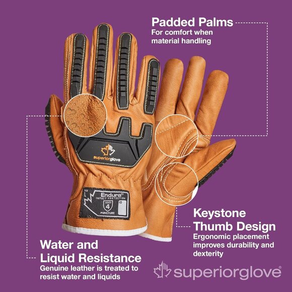 Men's Brown Goatskin Anti-Impact Vibration Dampening Leather Work Gloves - Picture 3 of 7